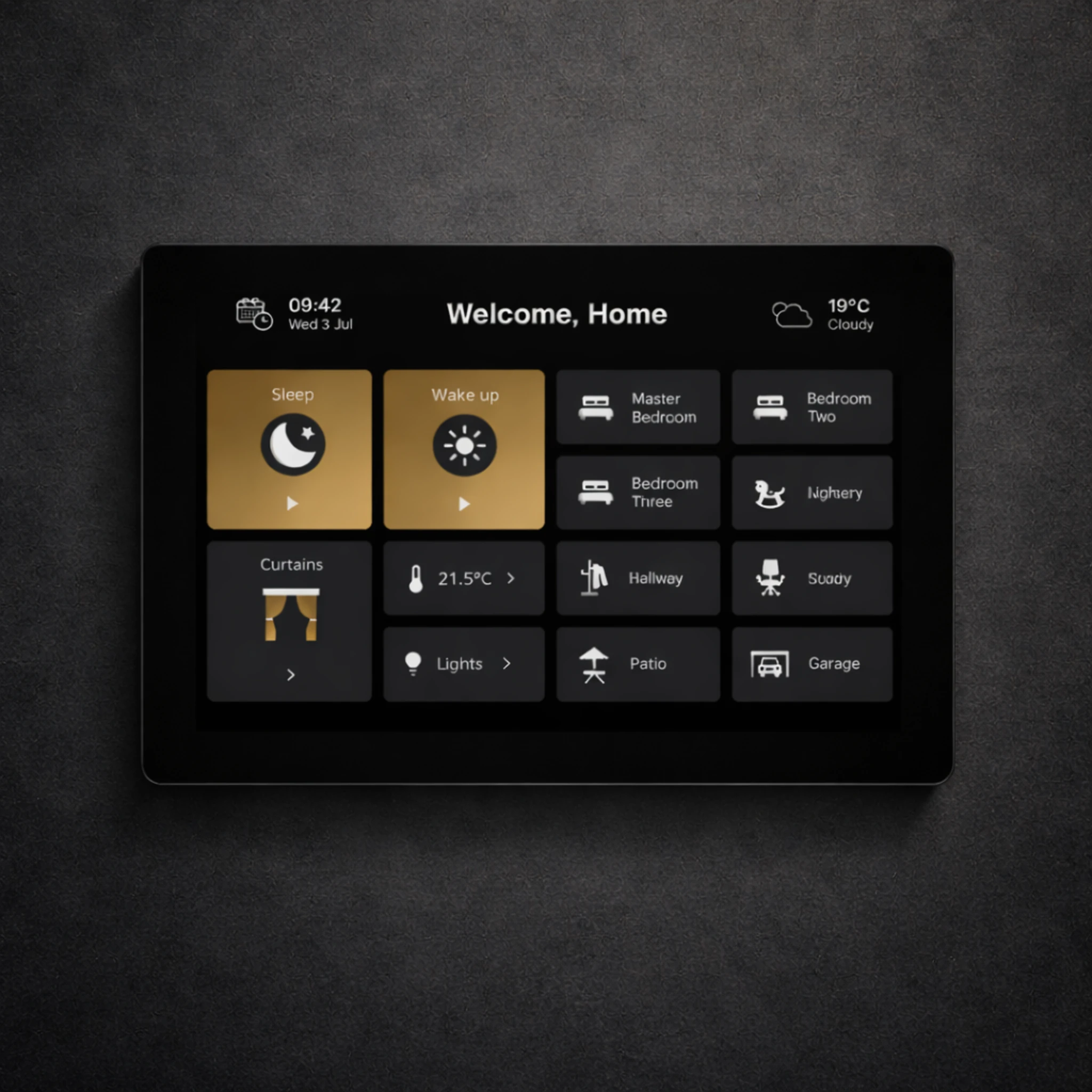 Luxury smart home central control touch interface for lighting, climate, curtains and scenes by LuxSmart Dubai